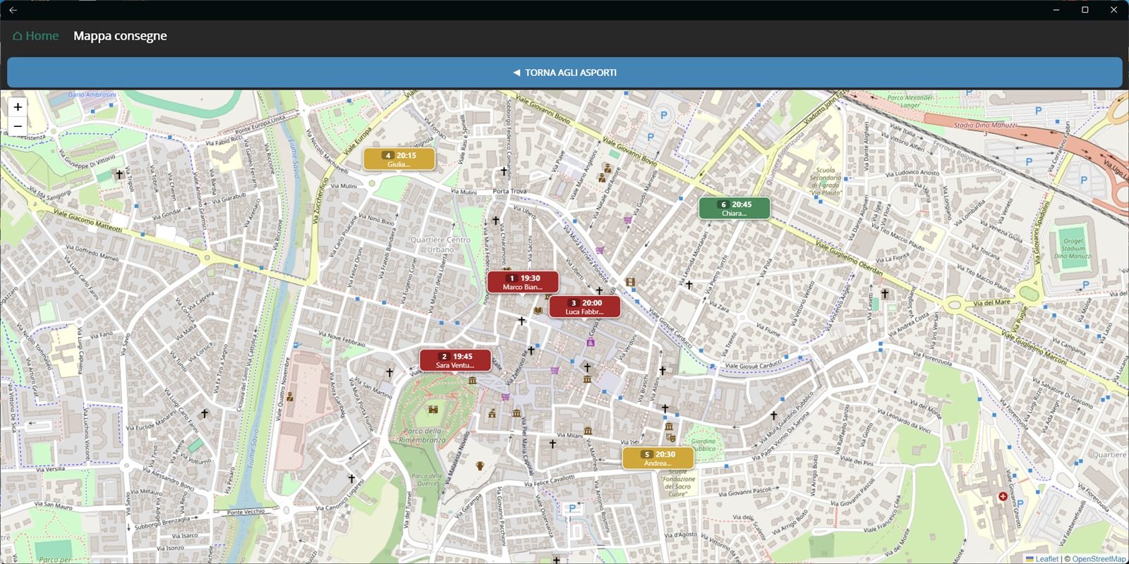 La mappa delle consegne con i segnaposti degli ordini della serata