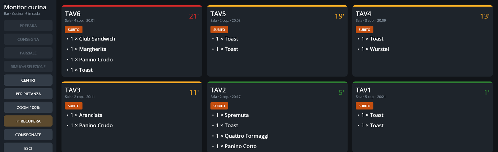 Il monitor di cucina con i ticket dei tavoli e i tempi di attesa